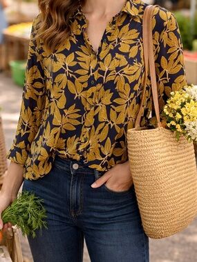 White Stuff Navy Top with Mustard Leaf Print